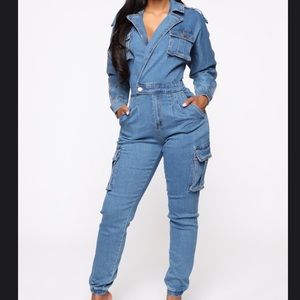 fashio nova medium wash jumpsuit